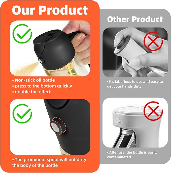 16oz/470ml Glass Olive Oil Sprayer for Cooking – 2 in 1 Oil Dispenser Bottle for Kitchen, Air Fryer, Salad, and BBQ – Black ✅