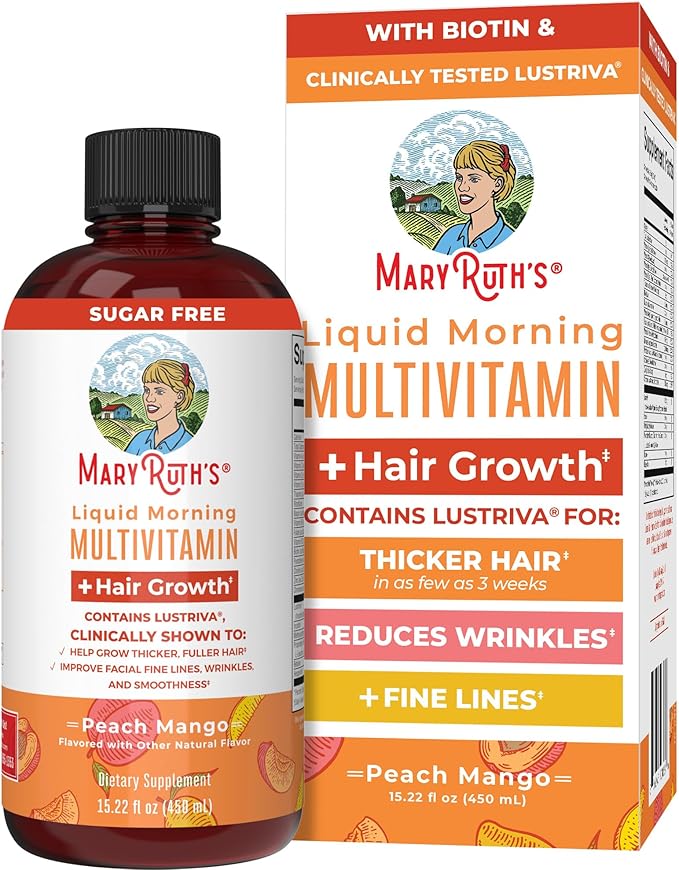 Liquid Multivitamin with Hair Growth Support – Biotin 10,000 mcg & Lustriva Supplement for Thicker Hair, Skin Care, and Reduced Facial Wrinkles, 18+ Adults, 15.22 Fl Oz