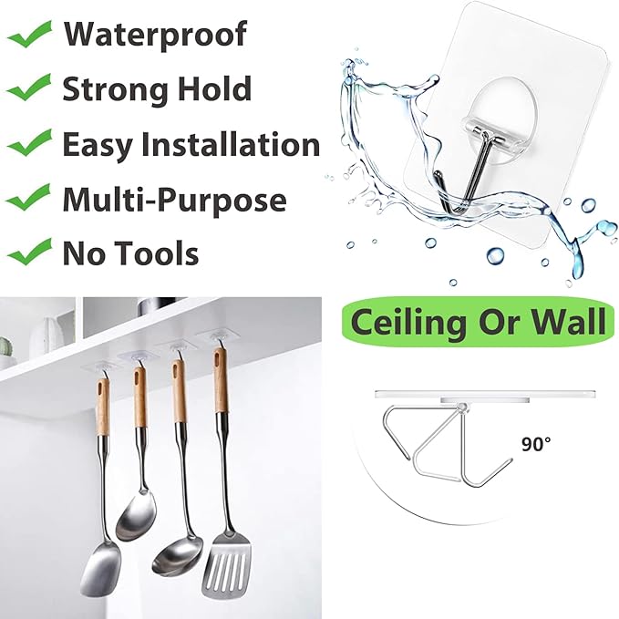 Heavy Duty Adhesive Wall Hooks – Waterproof Transparent Utility Hooks for Bathroom, Kitchen, Door & Outdoor Use – No-Drill Towel & Coat Hangers (12 Pack)