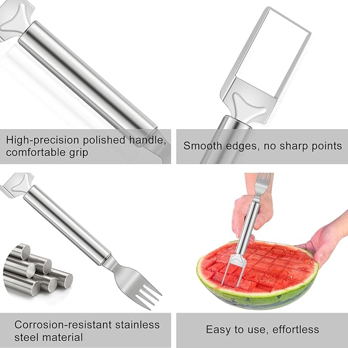 2-Pack Stainless Steel Watermelon Cutter & Fork Tool – 2-in-1 Fruit Slicer for Easy Serving – Portable Kitchen Gadget for Home, Party, and Camping (Silver) 🍉🍴