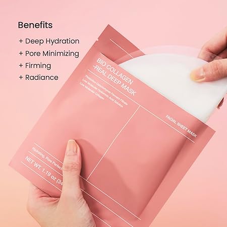 Bio-Collagen Real Deep Hydrogel Mask – Hydrating Overnight Treatment for Pore Minimizing and Elasticity Improvement, 34g x 4 Count