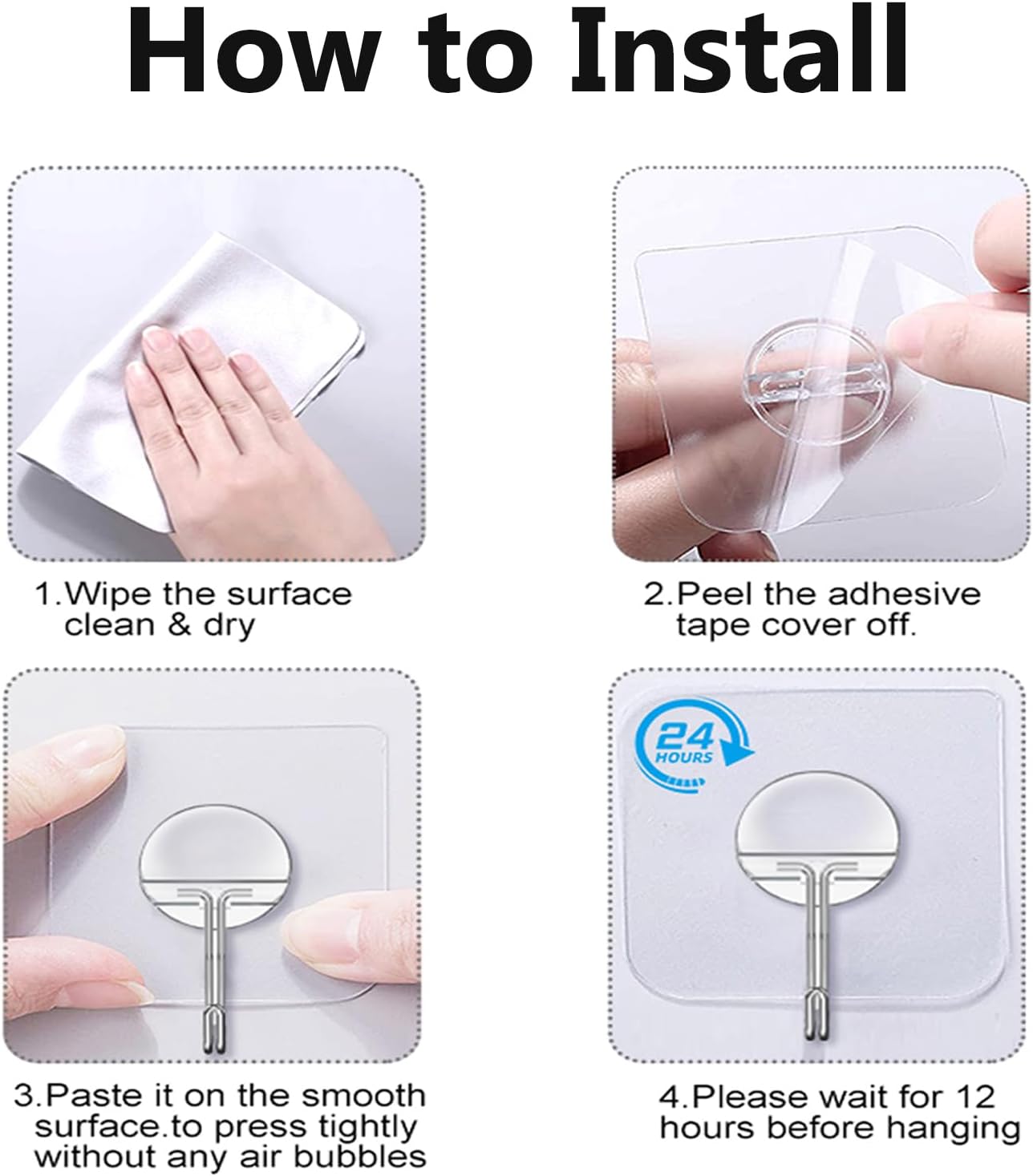 Heavy Duty Adhesive Wall Hooks – Waterproof Transparent Utility Hooks for Bathroom, Kitchen, Door & Outdoor Use – No-Drill Towel & Coat Hangers (12 Pack)