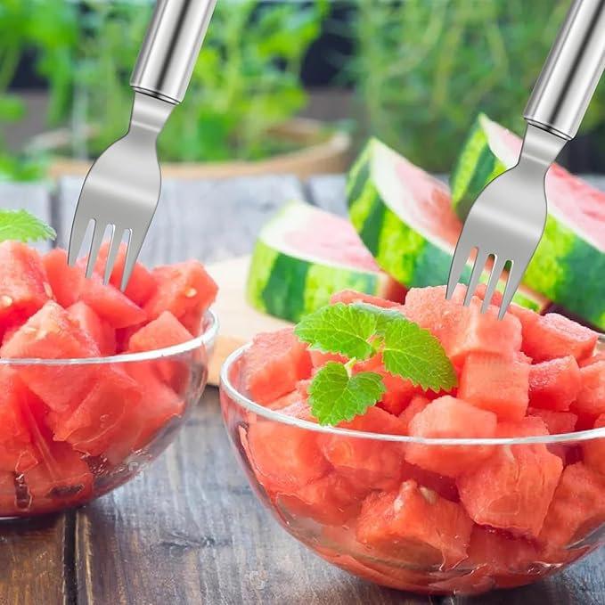 2-Pack Stainless Steel Watermelon Cutter & Fork Tool – 2-in-1 Fruit Slicer for Easy Serving – Portable Kitchen Gadget for Home, Party, and Camping (Silver) 🍉🍴