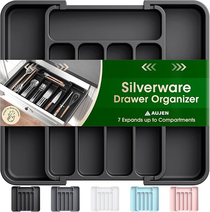 🍴 Expandable Silverware Organizer – Adjustable Kitchen Drawer Tray for Utensils, Cutlery, Forks, and Knives – Multipurpose Storage Solution – Black, Medium ✅