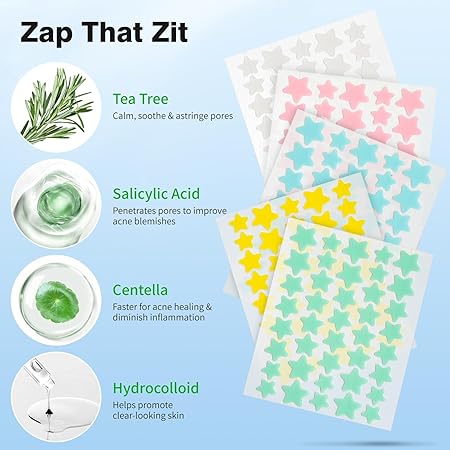 Pimple Patches for Face – Hydrocolloid Acne Spot Stickers with Tea Tree, Salicylic Acid & Cica Oil – Colorful Star-Shaped Zit Covers – 3 Sizes (10mm, 12mm, 14mm) – 200 Count