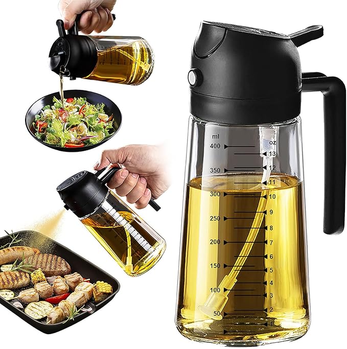 16oz/470ml Glass Olive Oil Sprayer for Cooking – 2 in 1 Oil Dispenser Bottle for Kitchen, Air Fryer, Salad, and BBQ – Black ✅