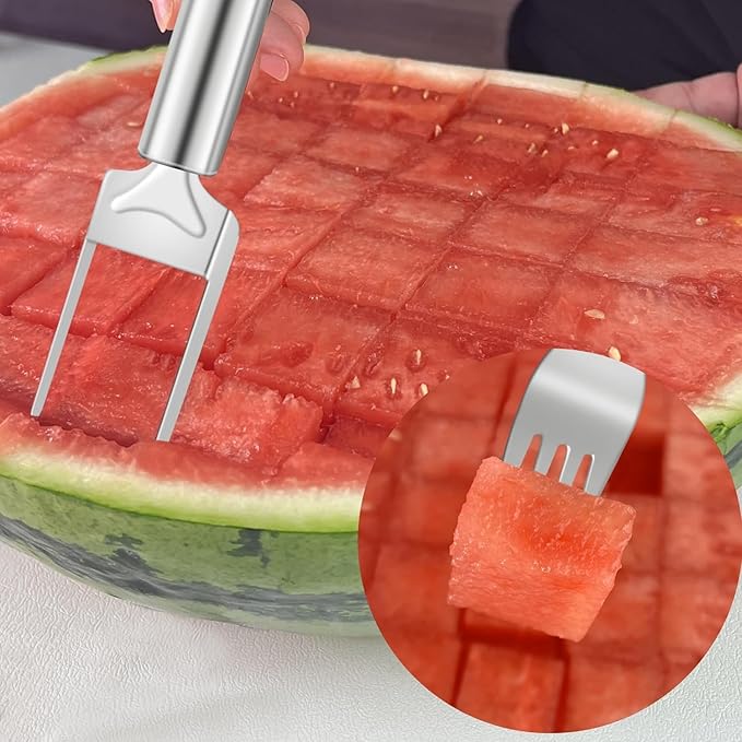 2-Pack Stainless Steel Watermelon Cutter & Fork Tool – 2-in-1 Fruit Slicer for Easy Serving – Portable Kitchen Gadget for Home, Party, and Camping (Silver) 🍉🍴