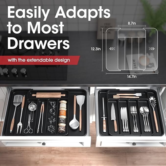 🍴 Expandable Silverware Organizer – Adjustable Kitchen Drawer Tray for Utensils, Cutlery, Forks, and Knives – Multipurpose Storage Solution – Black, Medium ✅