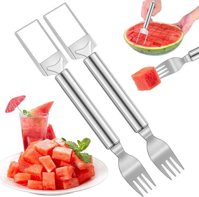 2-Pack Stainless Steel Watermelon Cutter & Fork Tool – 2-in-1 Fruit Slicer for Easy Serving – Portable Kitchen Gadget for Home, Party, and Camping (Silver) 🍉🍴