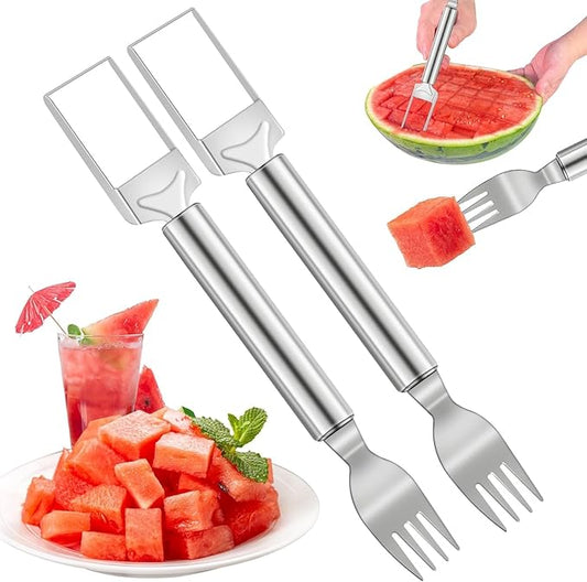 2-Pack Stainless Steel Watermelon Cutter & Fork Tool – 2-in-1 Fruit Slicer for Easy Serving – Portable Kitchen Gadget for Home, Party, and Camping (Silver) 🍉🍴