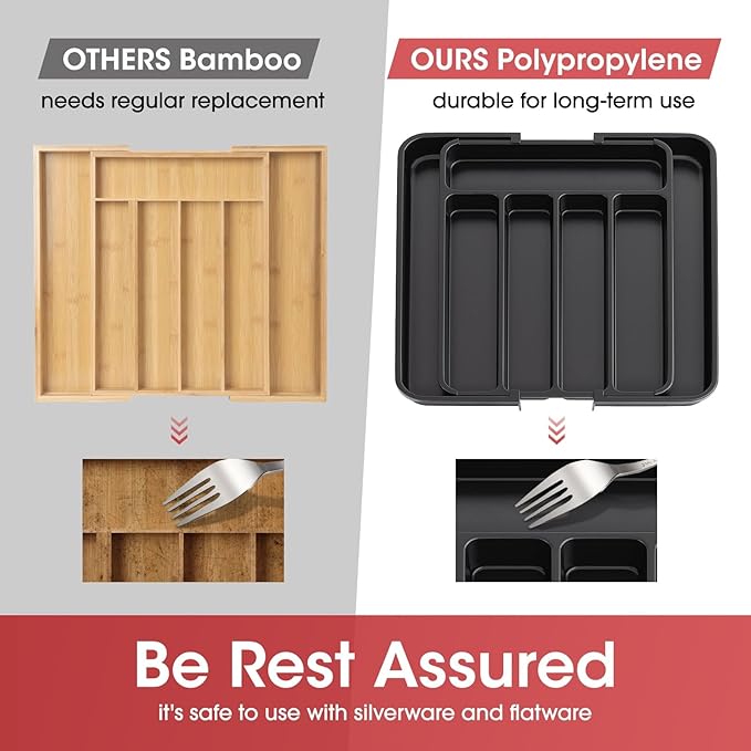 🍴 Expandable Silverware Organizer – Adjustable Kitchen Drawer Tray for Utensils, Cutlery, Forks, and Knives – Multipurpose Storage Solution – Black, Medium ✅