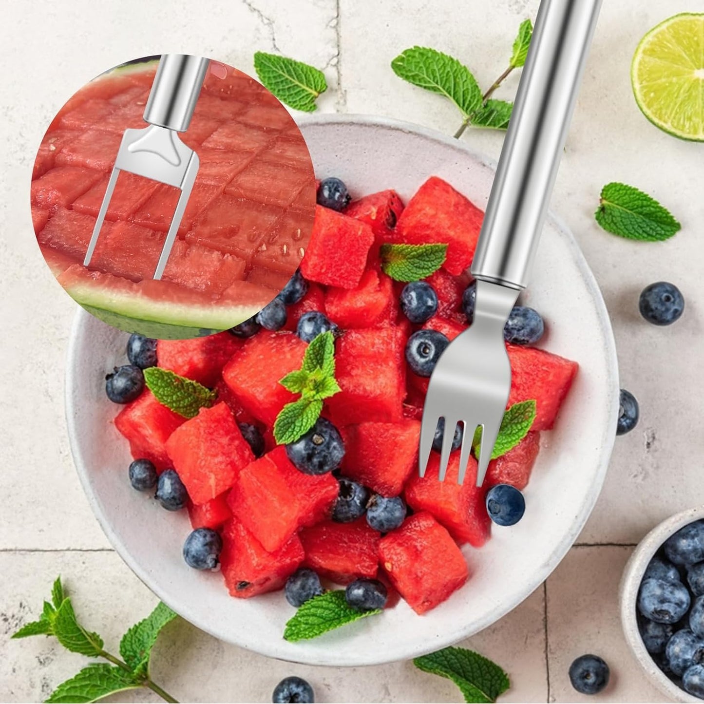 2-Pack Stainless Steel Watermelon Cutter & Fork Tool – 2-in-1 Fruit Slicer for Easy Serving – Portable Kitchen Gadget for Home, Party, and Camping (Silver) 🍉🍴