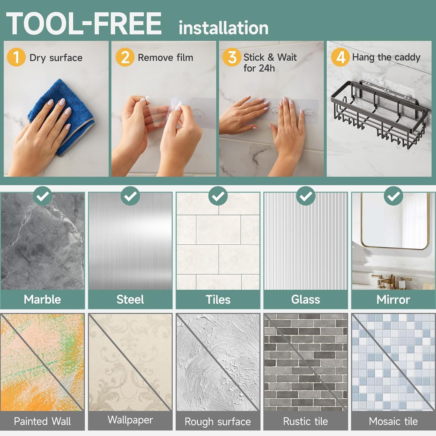 Rustproof & Waterproof Shower Caddy 6-Pack – No-Drill Adhesive Bathroom Shelves with Soap Holder, Large Capacity Wall-Mounted Organizer for Bathroom, Kitchen & Home Decor