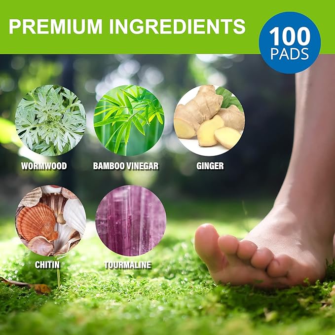 Herbal Foot Pads – 100 Pack – Ginger Oil & Bamboo Charcoal – Stress Relief, Fatigue Reduction, Sleep Support & Body Cleansing Patches