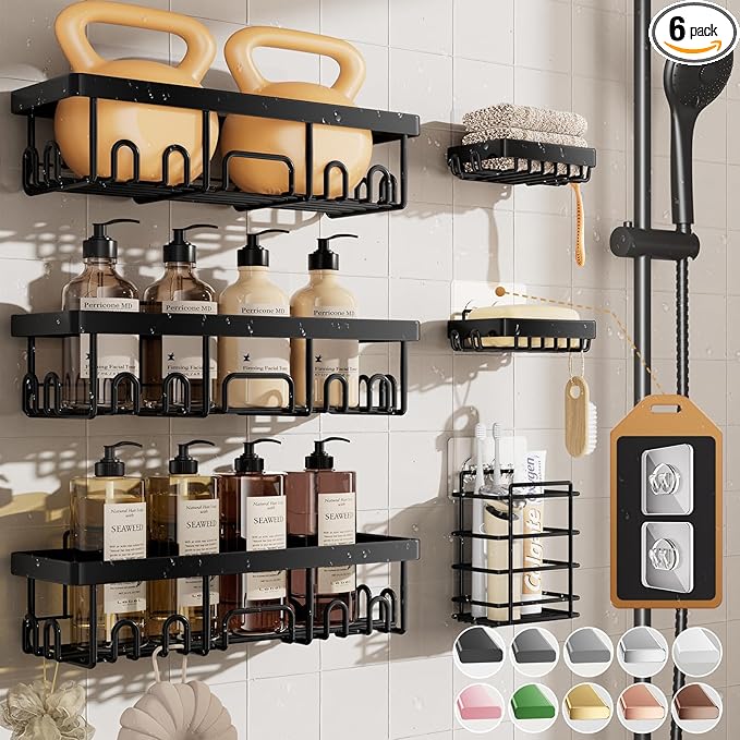 Rustproof & Waterproof Shower Caddy 6-Pack – No-Drill Adhesive Bathroom Shelves with Soap Holder, Large Capacity Wall-Mounted Organizer for Bathroom, Kitchen & Home Decor