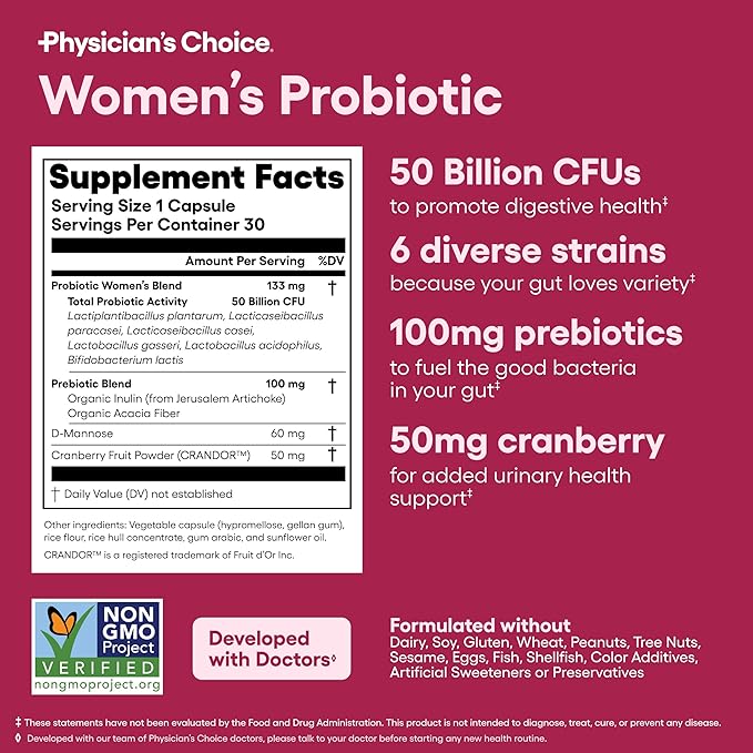 Probiotics for Women – pH Balance, Digestive, Urinary Tract & Feminine Health – 50 Billion CFU – 6 Unique Strains – Organic Prebiotics & Cranberry Extract – 30 Capsules