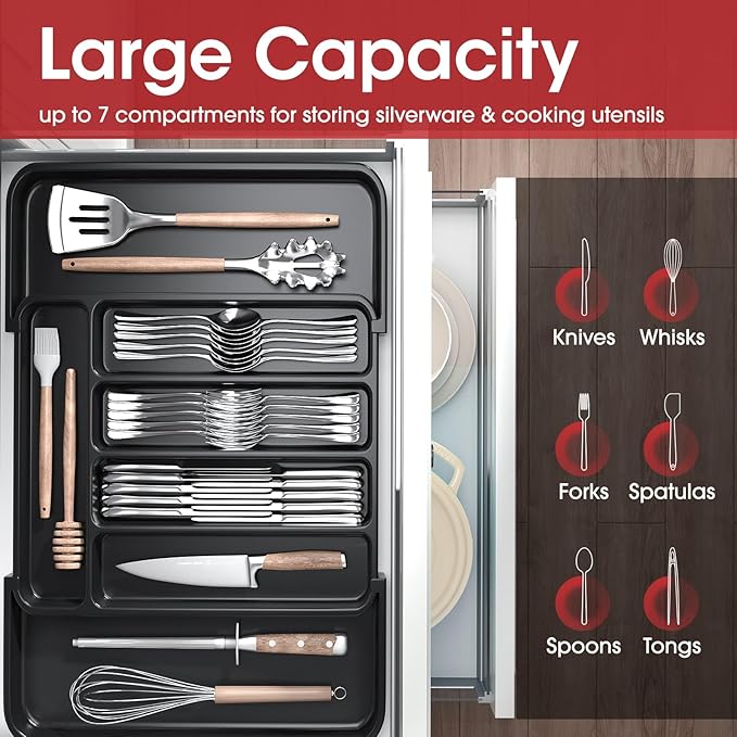 🍴 Expandable Silverware Organizer – Adjustable Kitchen Drawer Tray for Utensils, Cutlery, Forks, and Knives – Multipurpose Storage Solution – Black, Medium ✅