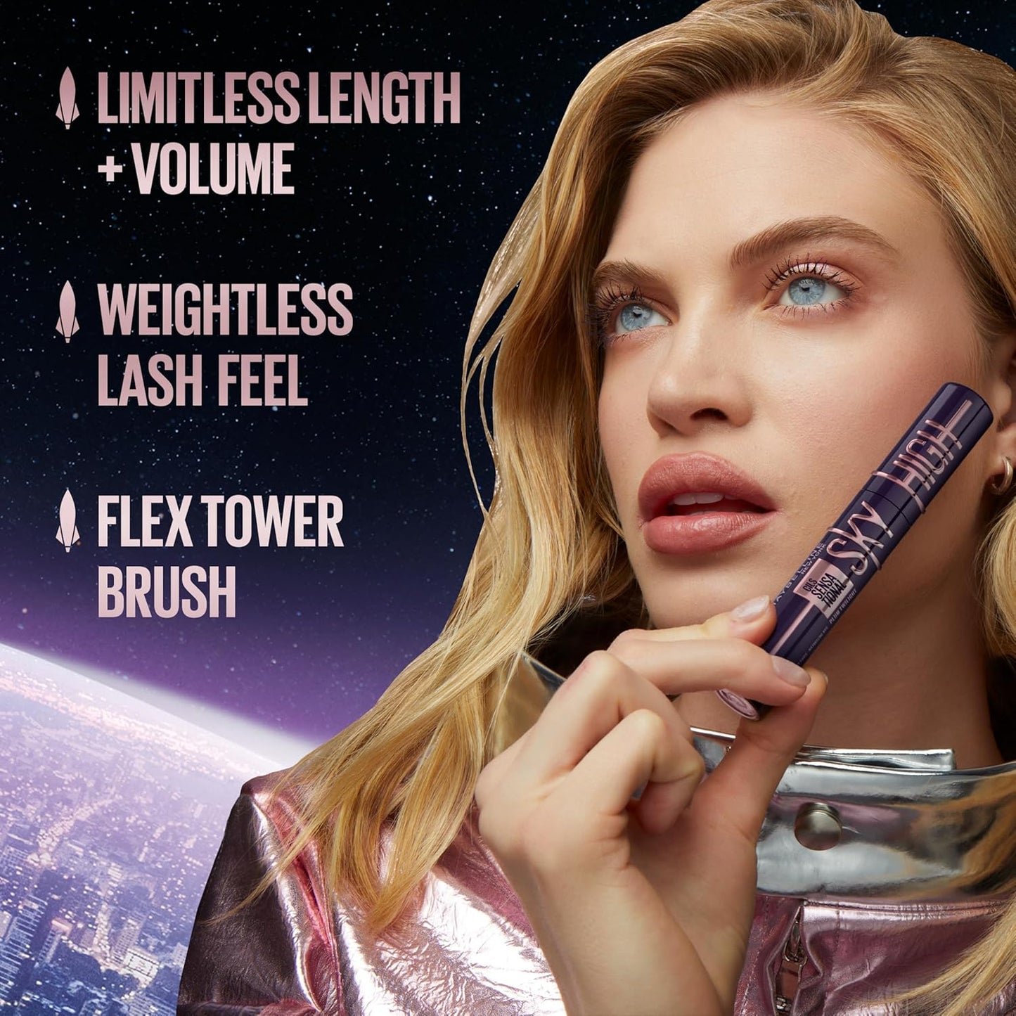 "Sky High Washable Mascara – Volumizing, Lengthening, Curling, Defining, Buildable Formula in Blackest Black"